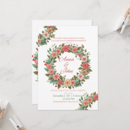 Convite de Casamento com Coroa Floral Rosa e Pêsse