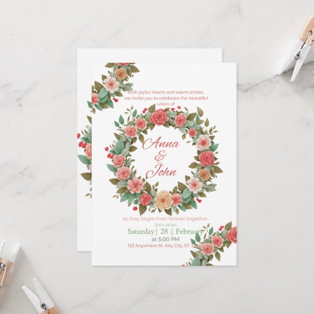 Convite de Casamento com Coroa Floral Rosa e Pêsse (Frente/Verso In Situ)