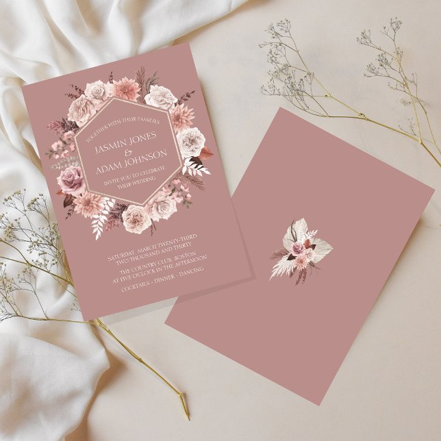 Convite de Casamento com Coroa Floral Rosa Empoeir (Boho Dusty Pink Floral Wreath Wedding Invitation)