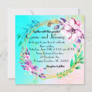 Convite de casamento com coroa floral vibrante