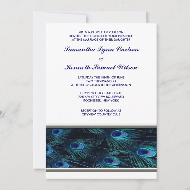 Convite de Casamento com Corte de Prata Pavão Roxo (Frente)