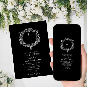convite de casamento com crista de folhagem preto