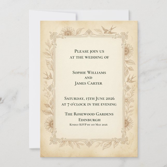 Convite de Casamento com Desenho de Girassol Vinta (Frente)