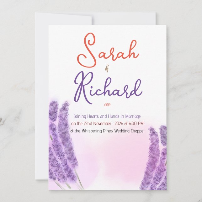 Convite de Casamento com Desenho Floral de Lavanda (Frente)