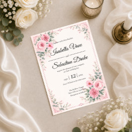Convite de Casamento com Design Floral Rosa Românt