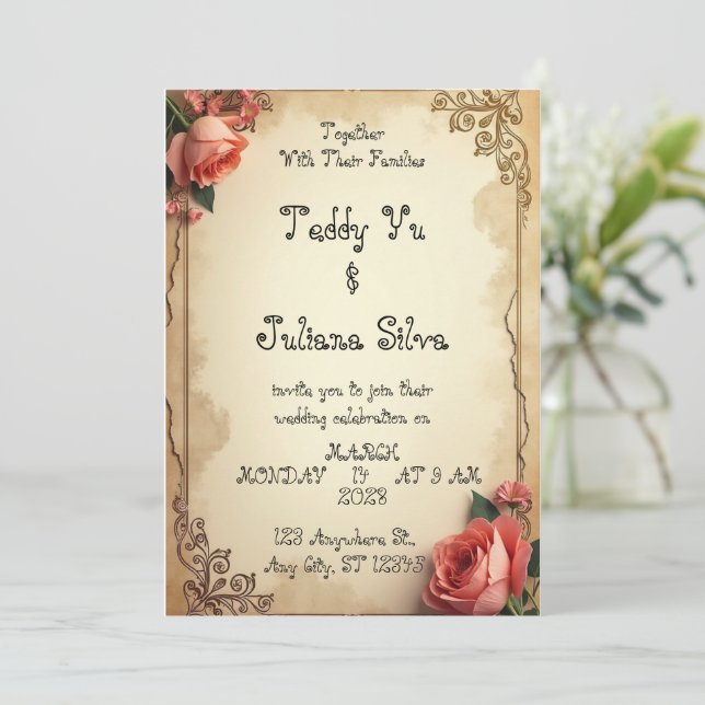 Convite de casamento com designs ornamentados (Em pé/Frente)