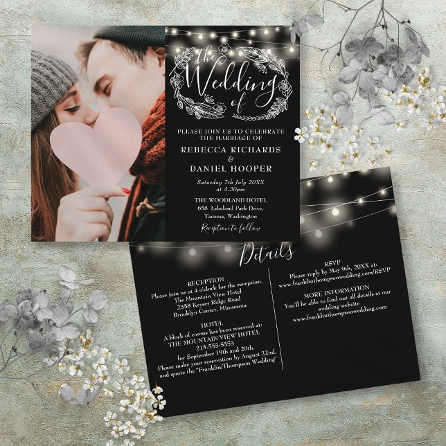 Convite de Casamento com Detalhes de Fotos de Luze (Budget String Lights Photo Wedding Details Invite)
