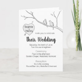 Convite de Casamento com duas pombas e coração de