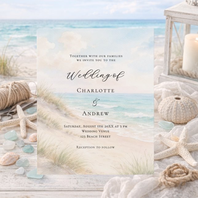 Convite de casamento com dunas de areia na praia e (Criador carregado)