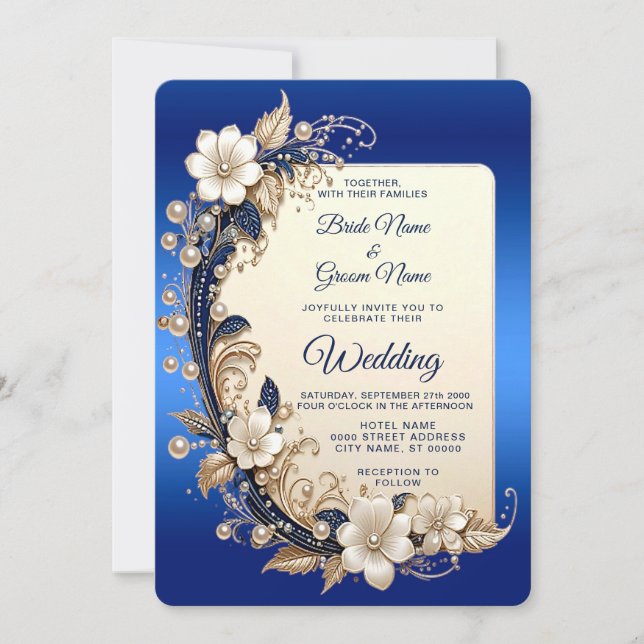 Convite de Casamento com Enfeite Floral Azul Branc (Frente)