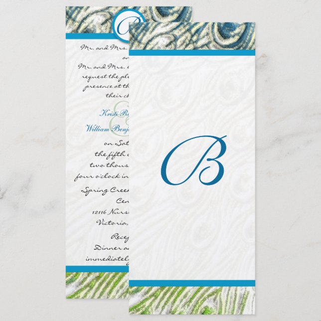 Convite de Casamento com Espirais de Penas de Pavã (Frente/Verso)