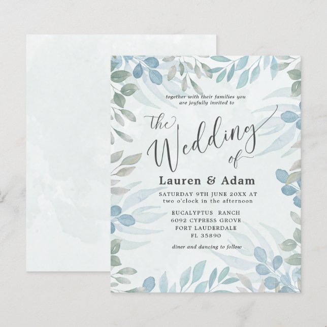 Convite de Casamento com Eucalipto em Aquarela Eco (Frente/Verso)