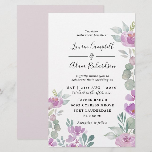 Convite de Casamento com Eucalipto Rosa em Aquarel (Frente/Verso)