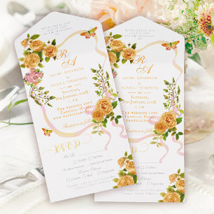 Convite de Casamento com Fita de Rosa Dourada e Mo