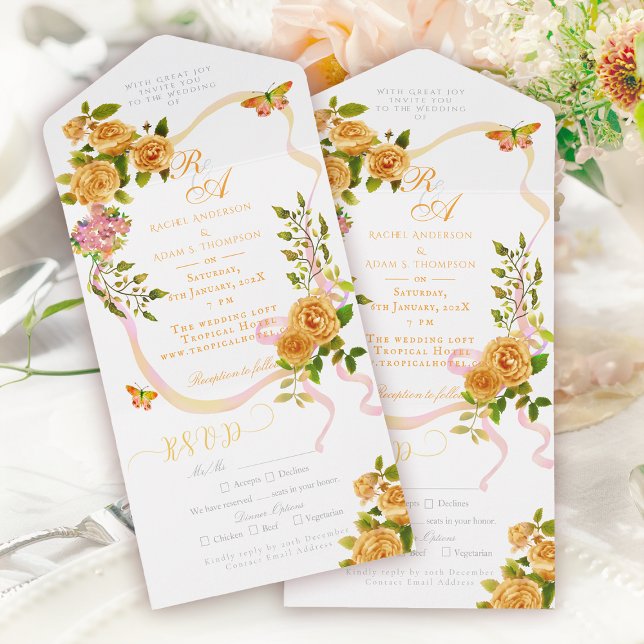 Convite de Casamento com Fita de Rosa Dourada e Mo (Gold Rose Ribbon Monogram Wedding Invitation)