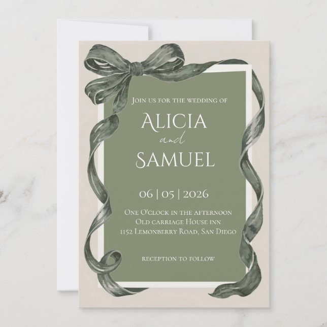 Convite de Casamento com Fita Verde Sage Elegante (Frente)