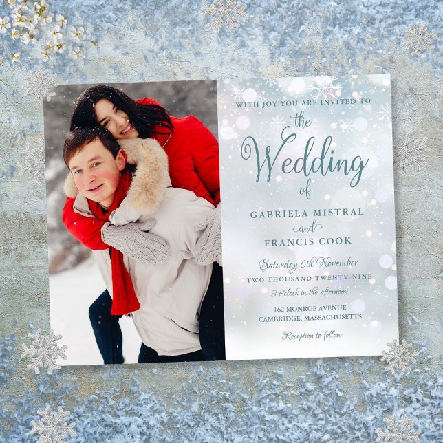 Convite de Casamento com Flocos de Neve de Inverno (Budget Winter Snowflakes Photo Wedding Invitation)