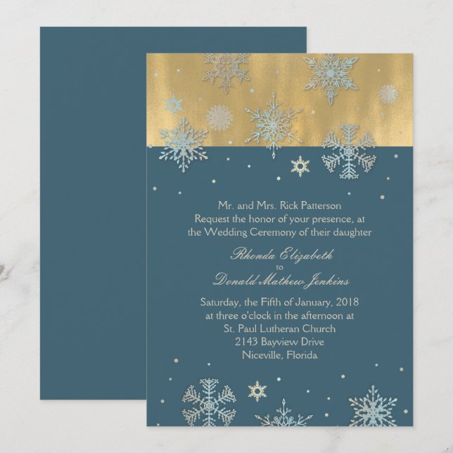 Convite de Casamento com Flocos de Neve em Azul Ca (Frente/Verso)
