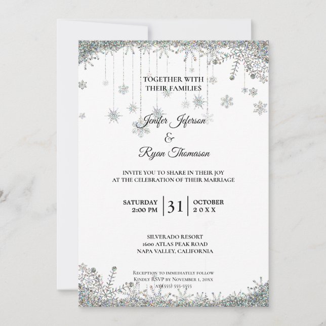 Convite de casamento com flocos de neve em brilho  (Frente)