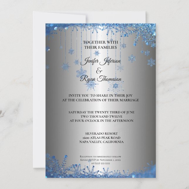 Convite de casamento com flocos de neve glitter pr (Frente)