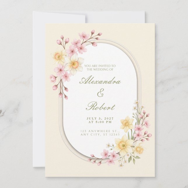 Convite de Casamento com Flor de Cerejeira Blush e (Frente)