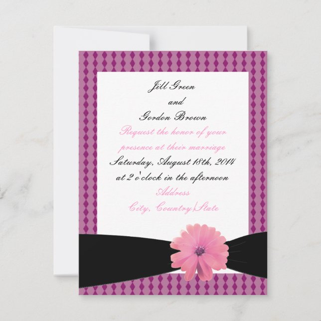 Convite de Casamento com Flor Rosa e Fita Preta (Frente)