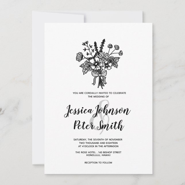 Convite de Casamento com Flor Silvestre Preta e Br (Frente)