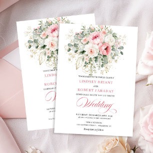 Convite de Casamento com Flora e Folhagem Rosa Sua