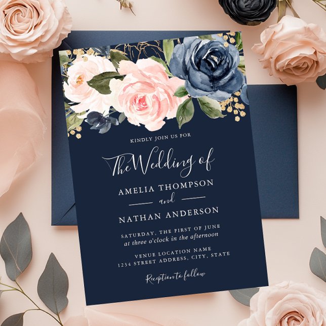 Convite de Casamento com Florais de Aquarela em Az (Criador carregado)