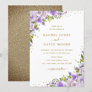 Convite de Casamento com Floral Água-tinta Dourado