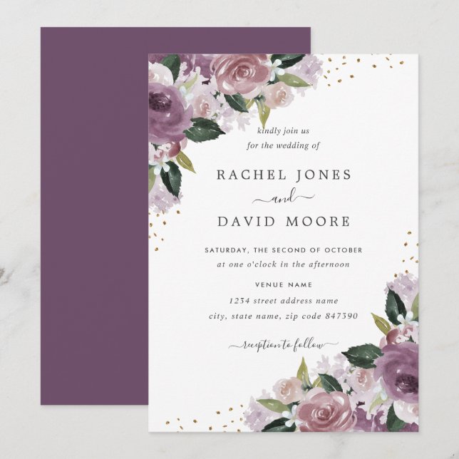 Convite de Casamento com Floral Dourado Roxo em Aq (Frente/Verso)