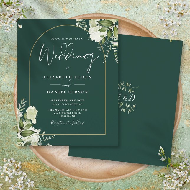 Convite de Casamento com Floral Esmeralda Dourado  (Budget Emerald Floral Gold Arch Wedding Invite)