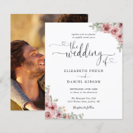 Convite de Casamento com Floral Rosa em Script com