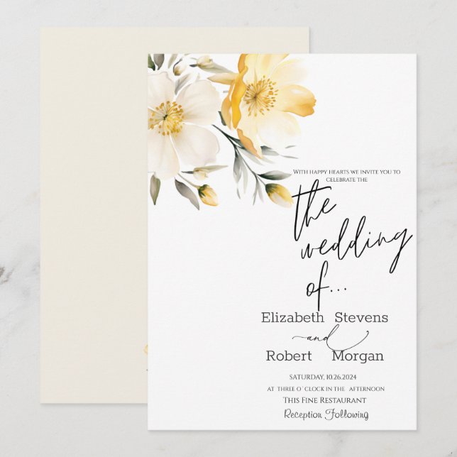 Convite de Casamento com Flores Amarelas Chiques (Frente/Verso)