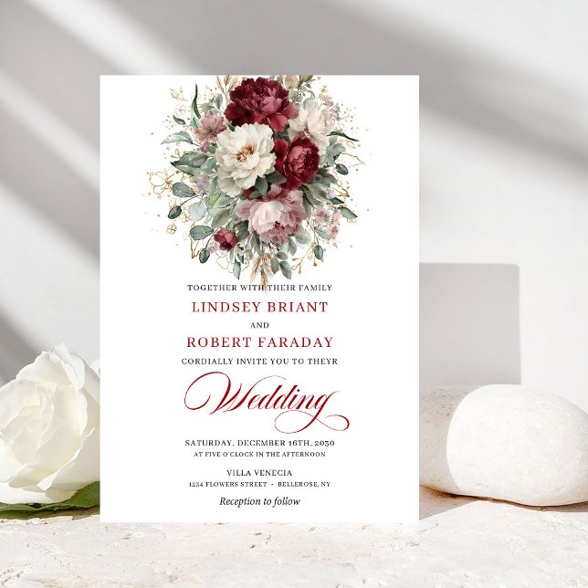 Convite de Casamento com Flores Burgundy e Brancas (Trendy Burgundy and White Flowers Wedding Invite)