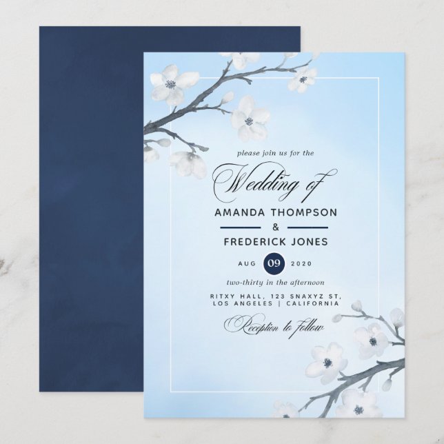 Convite de Casamento com Flores de Cerejeira Branc (Frente/Verso)