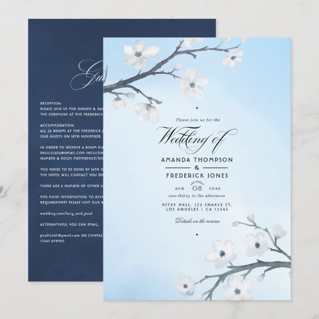 Convite de Casamento com Flores de Cerejeira Branc (Frente/Verso)