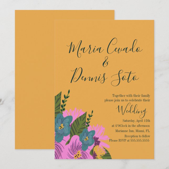 Convite de casamento com flores desenhadas à mão e (Frente/Verso)