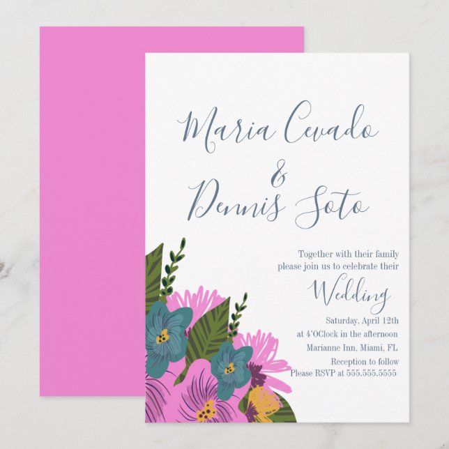 Convite de casamento com flores desenhadas à mão e (Frente/Verso)