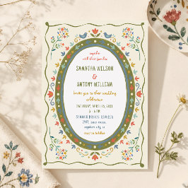 Convite de Casamento com Flores e Pássaros Folclór