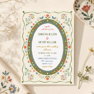 Convite de Casamento com Flores e Pássaros Folclór