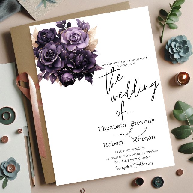 Convite de Casamento com Flores Elegantes Roxas Es (Criador carregado)