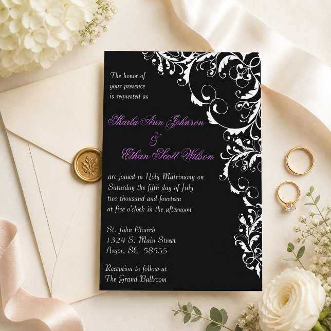 Convite de Casamento com Flores em Preto e Branco (Black and White Flourish Wedding Invitation)