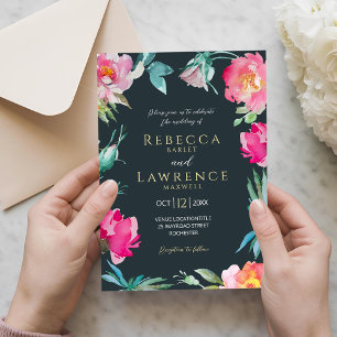 Convite de casamento com flores rosa brilhante ele