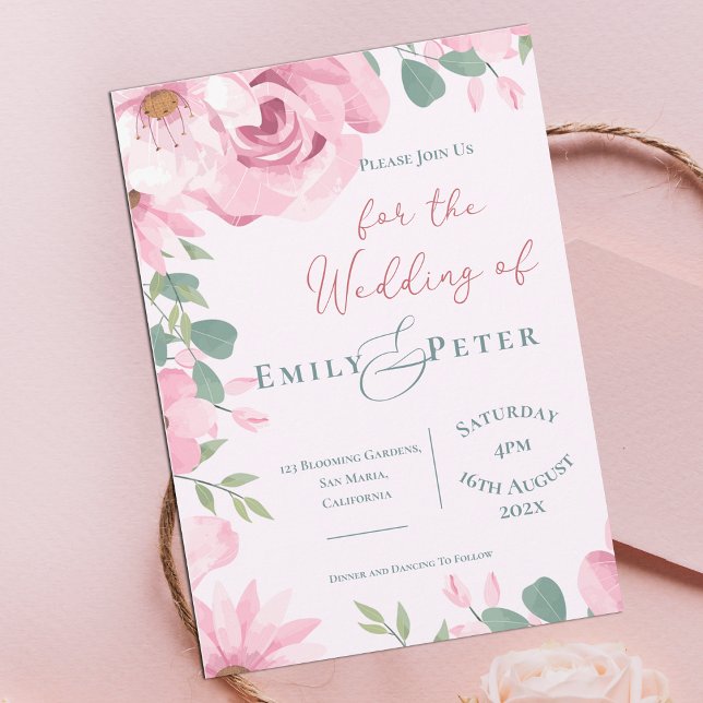 Convite de Casamento com Flores Rosa Elegante (Elegant Blush Pink Florals Wedding Invitation)