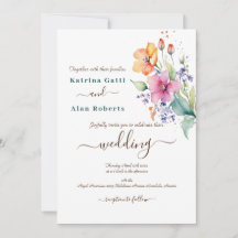 Convite de Casamento com Flores Rosa, Pêssego e Am