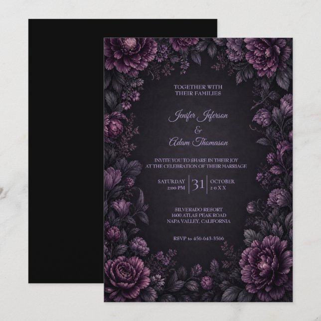 Convite de Casamento com Flores Roxas Mal-humorada (Frente/Verso)