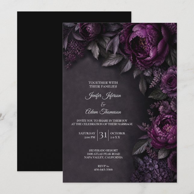 Convite de Casamento com Flores Roxas Mal-humorada (Frente/Verso)
