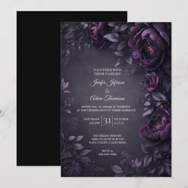 Convite de Casamento com Flores Roxas Mal-humorada (Frente/Verso)
