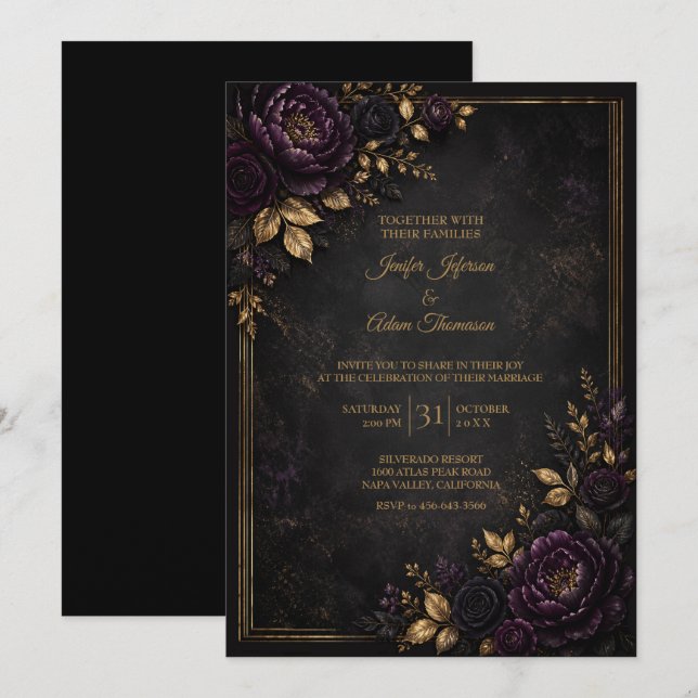 Convite de Casamento com Flores Roxas Mal-humorada (Frente/Verso)